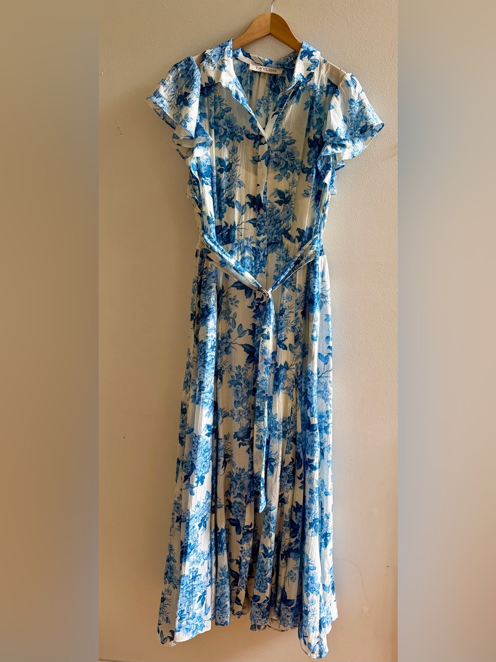 Blue Floral Button-Front Maxi Dress with Tie Waist